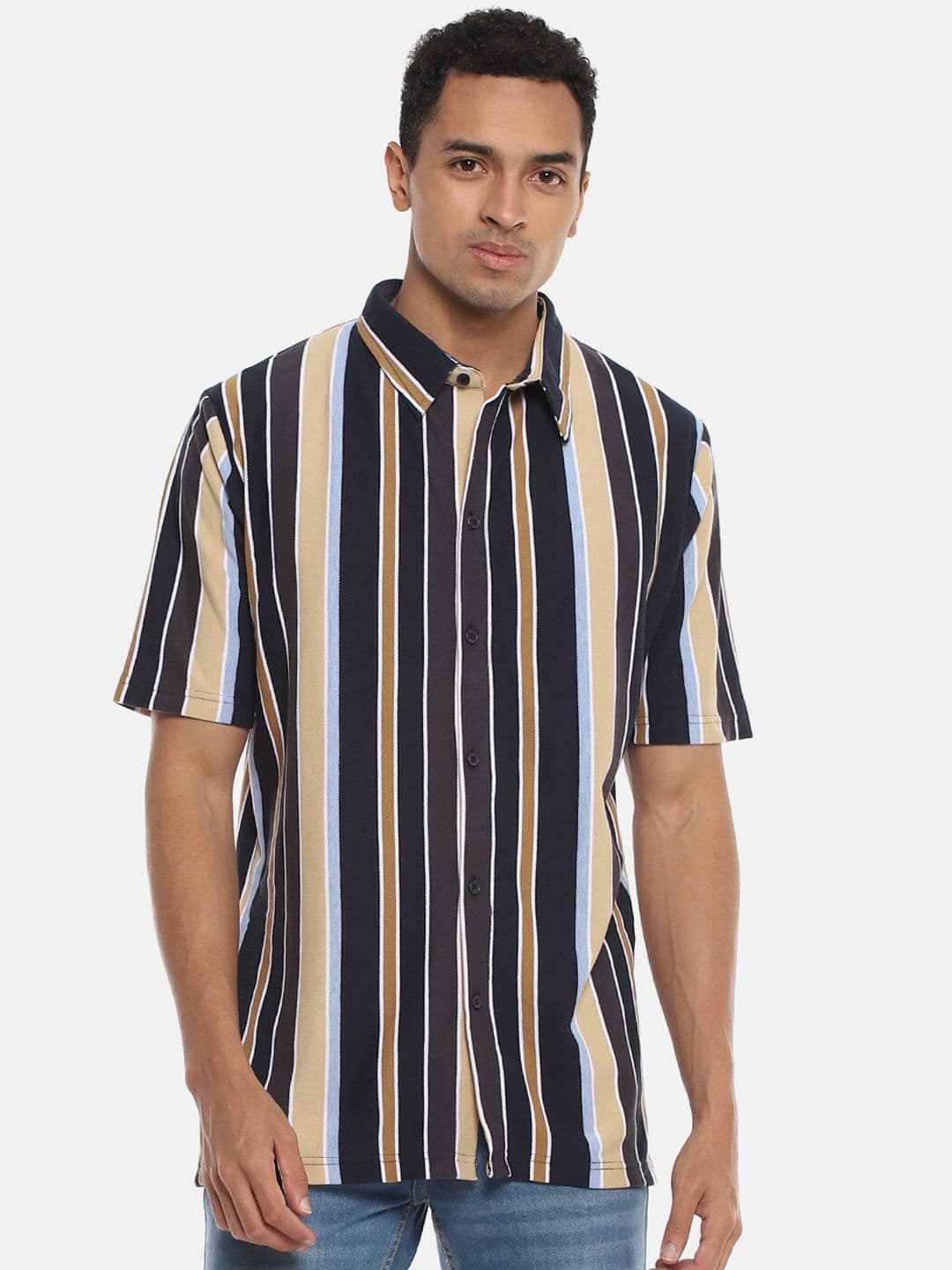 CAHOOT Black & Beige Classic Regular Fit Striped Cotton Casual Shirt - view 1