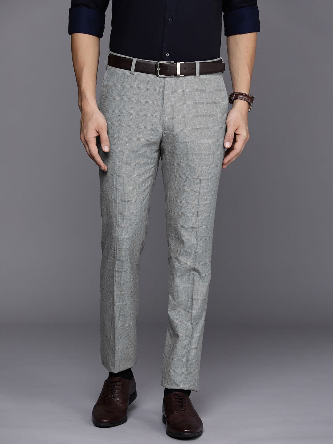 Raymond Men Checked Flat Front Slim Fit Formal Trousers - view 1