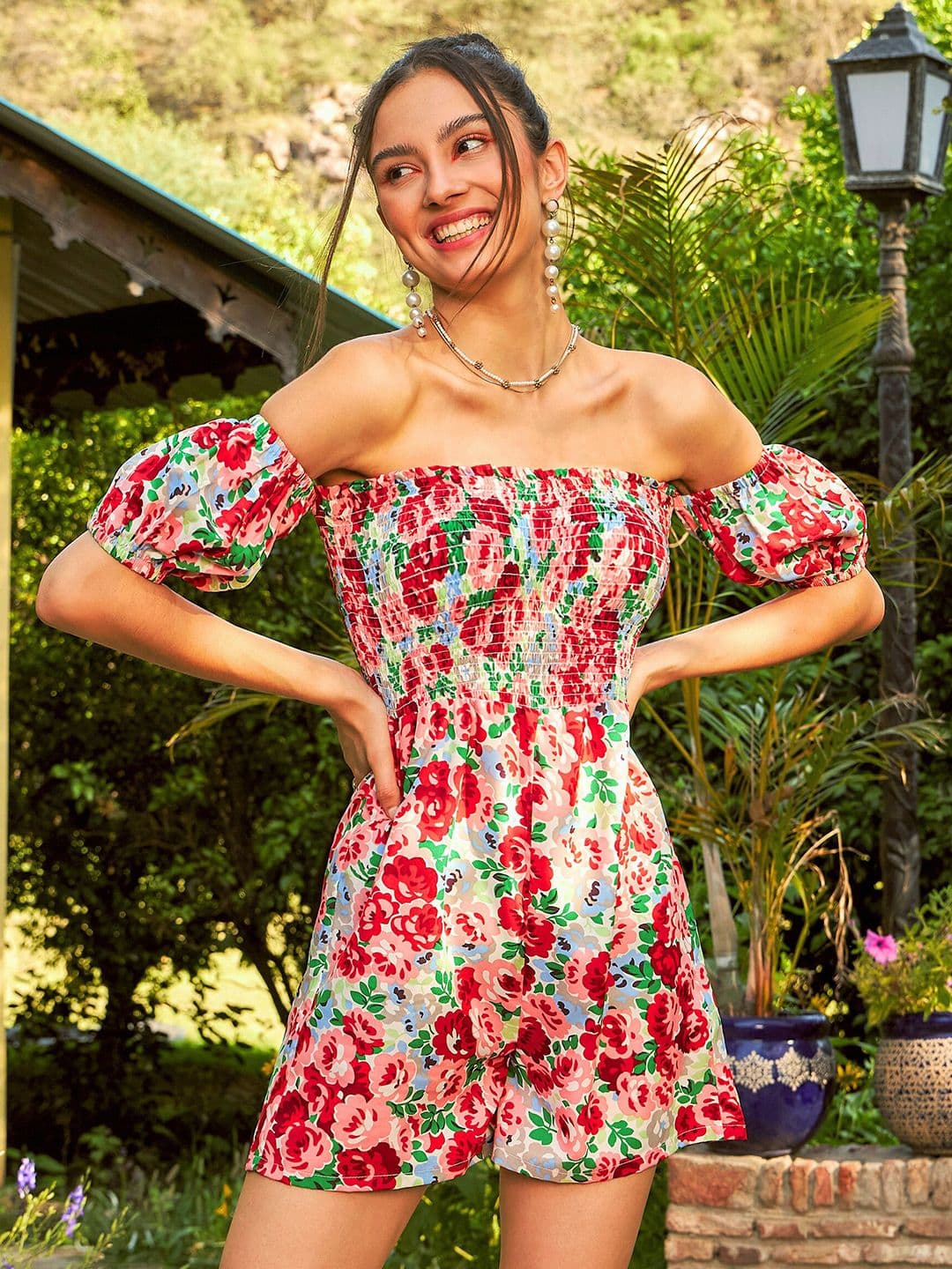 SASSAFRAS Red & White Floral Printed Off-Shoulder Smocked Playsuit - view 1