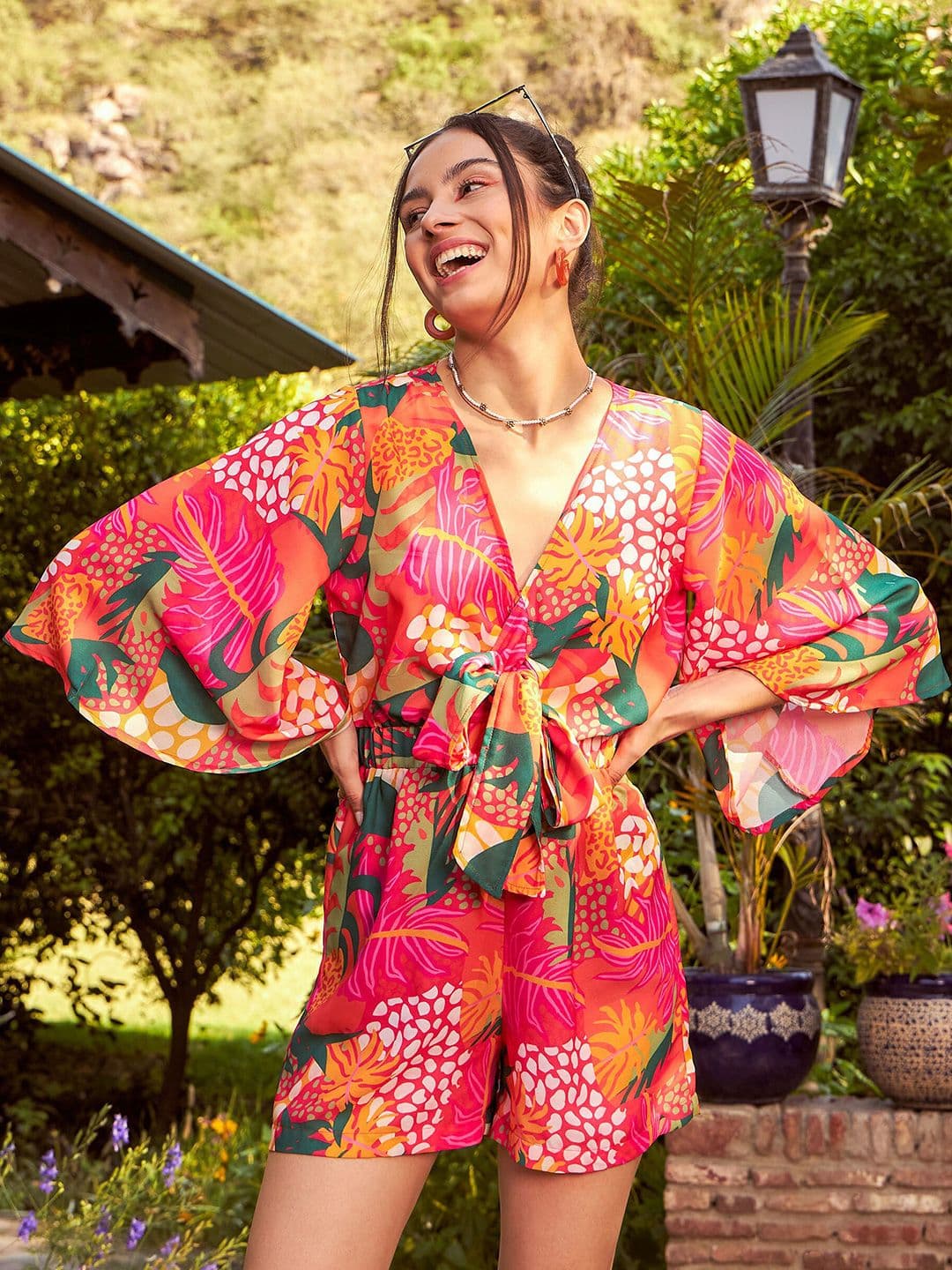 SASSAFRAS Orange & Green Floral Printed Front Tie Knot Playsuit - view 1