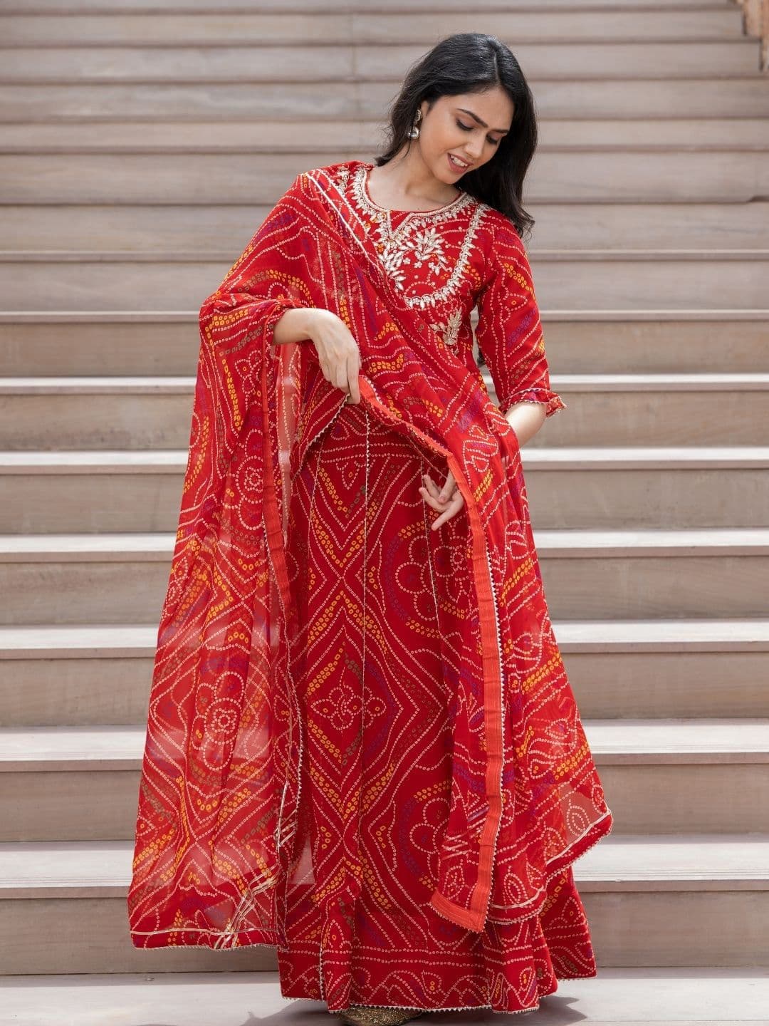 HOUSE OF JAMOTI Red Embroidered Ready to Wear Lehenga & Blouse With Dupatta - view 1