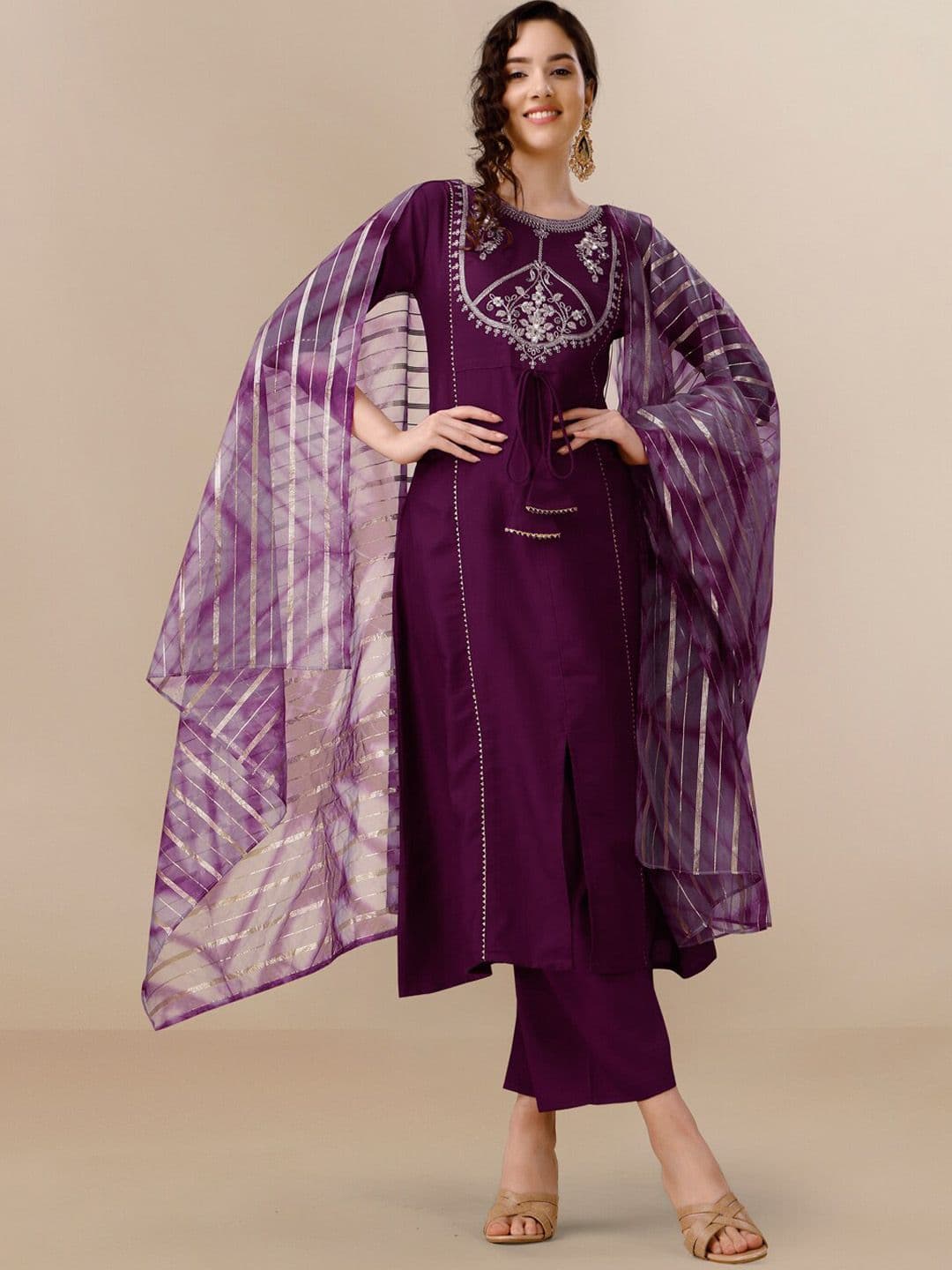 KALINI Floral Yoke Design A-Line Kurta With Palazzos & Dupatta - view 1