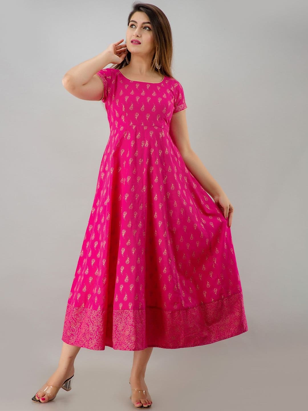 HERE&NOW Pink Ethnic Motifs Printed Fit And Flare Midi Ethnic Dress - view 1