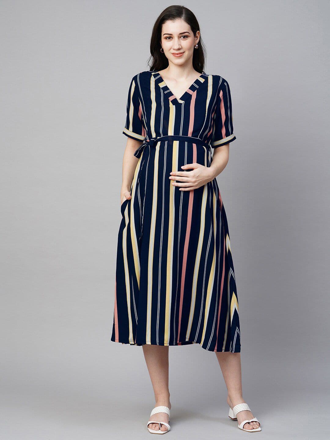 MomToBe Striped V-Neck Maternity Midi A-Line Dress With Belt - view 1