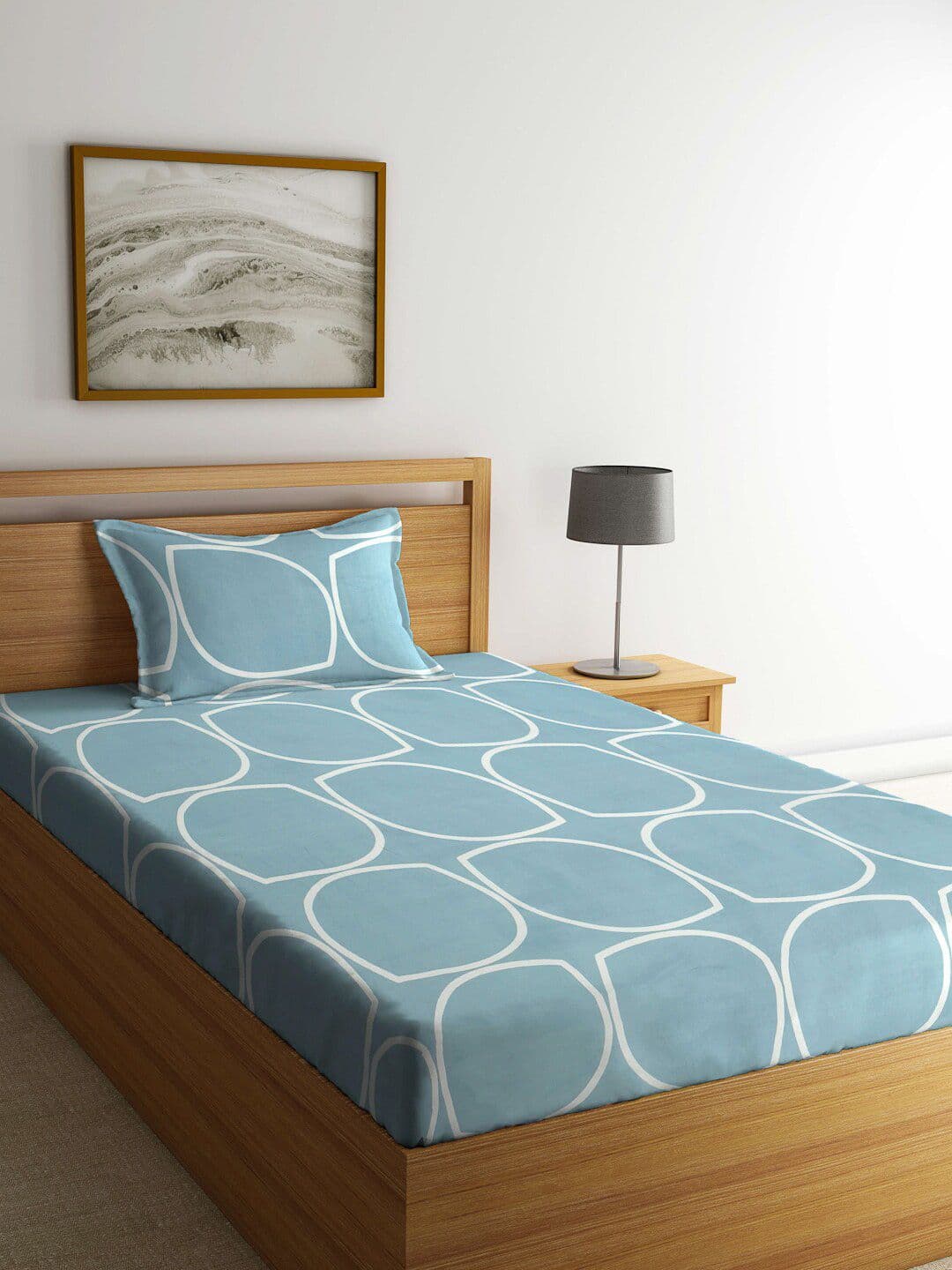 KLOTTHE Blue Geometric Cotton 300 TC Fitted Single Fine Bedsheet with a Pillow Cover-225 x 150 cm - view 1