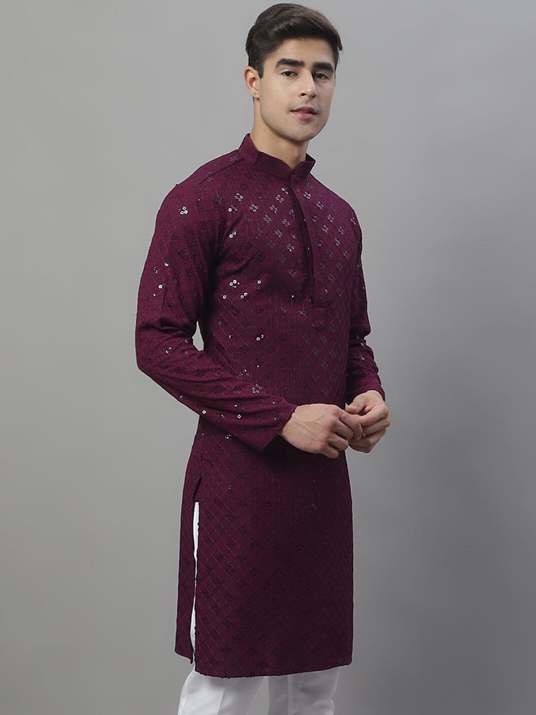 Jompers Mandarin Collar Ethnic Motifs Chikankari Sequined Kurta - view 1