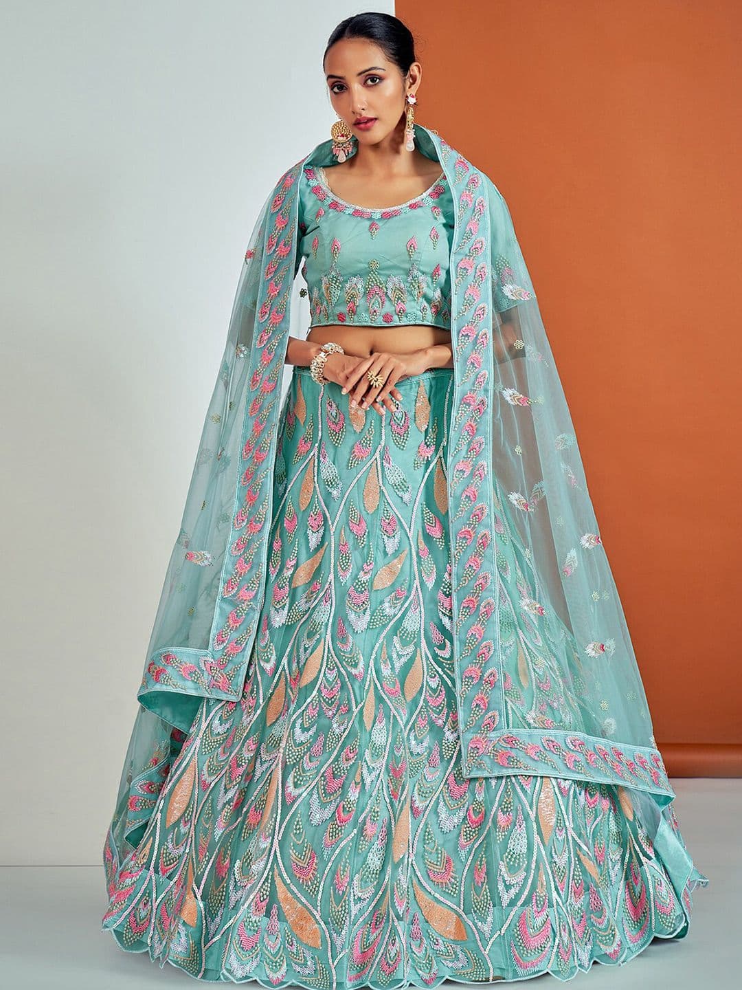 ODETTE Blue Floral Embroidered Thread Work Semi-Stitched Net Lehenga & Blouse With Dupatta - view 1
