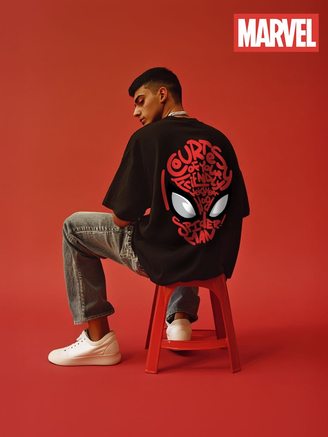 VEIRDO Marvel Black Spiderman Typography Printed Cotton Oversized T-shirt - view 1