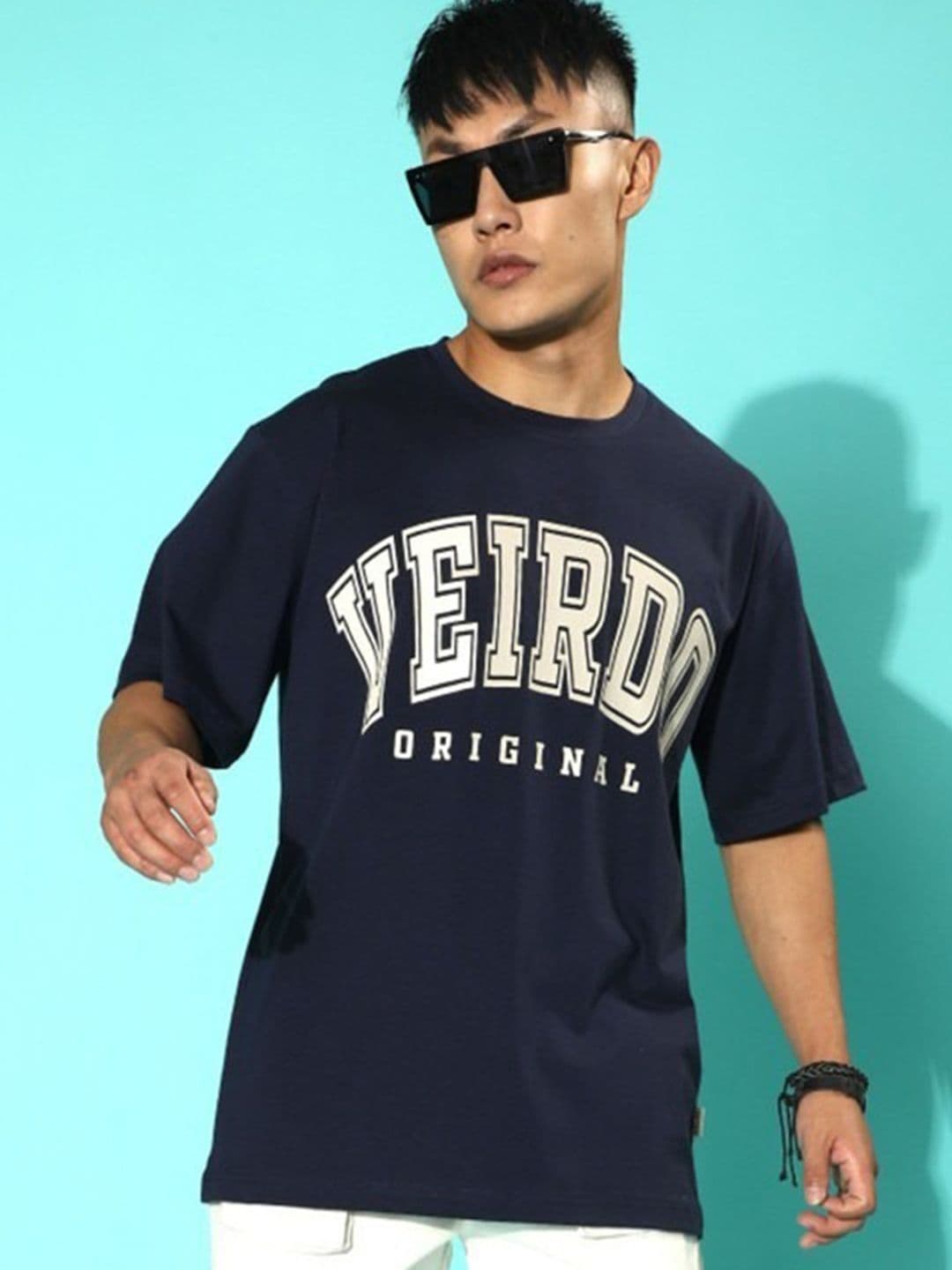 VEIRDO Men Navy Typography Printed Round Neck Pure Cotton Oversized T-shirt - view 1
