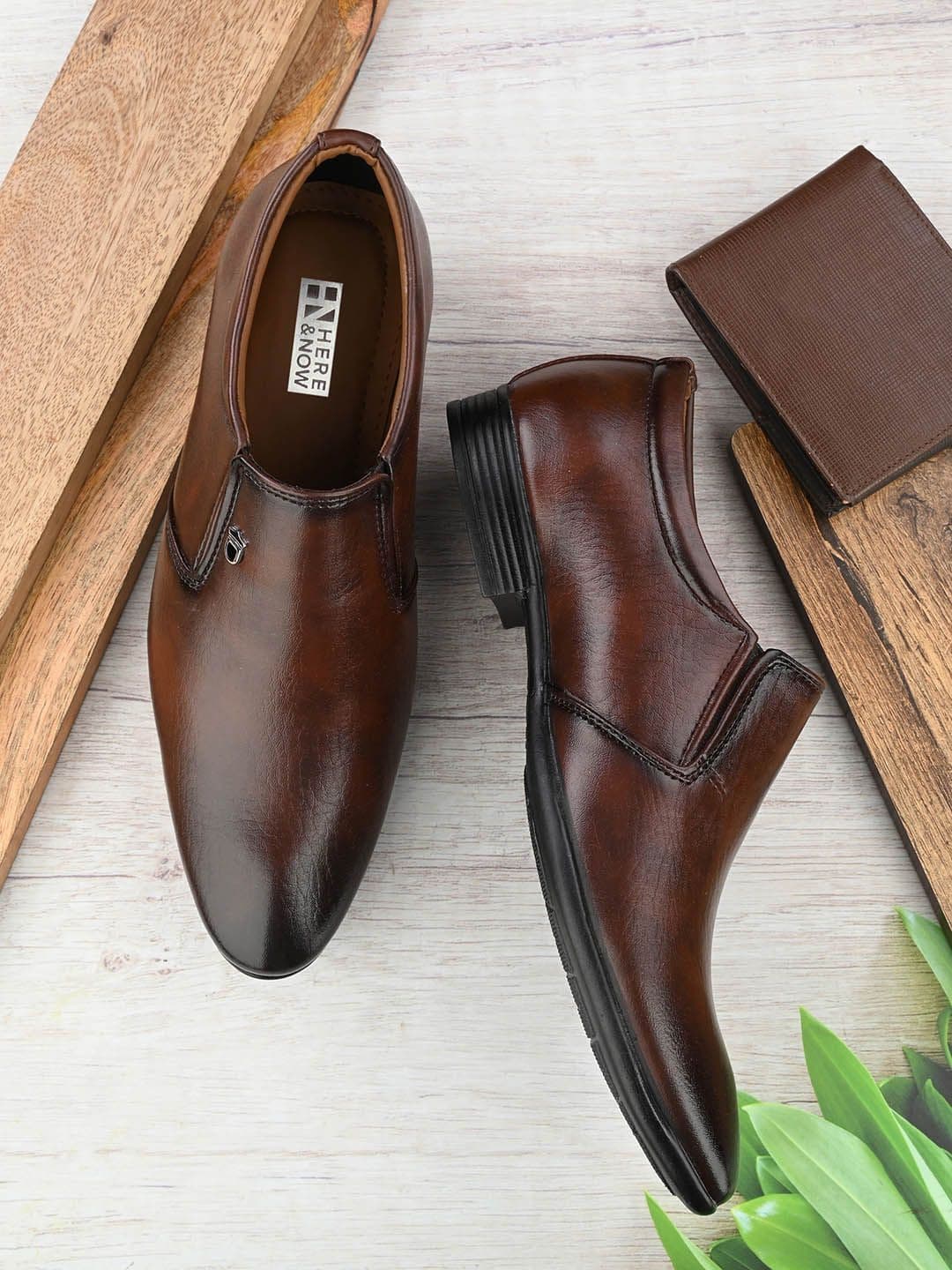 HERE&NOW Men Brown Textured Formal Slip-On Shoes - view 1