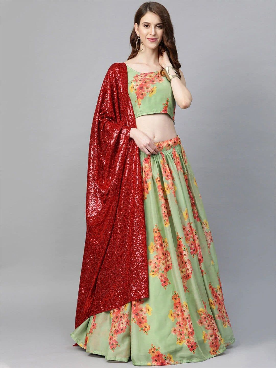 SHOPGARB Printed Sequinned Semi-Stitched Lehenga & Unstitched Blouse With Dupatta - view 1