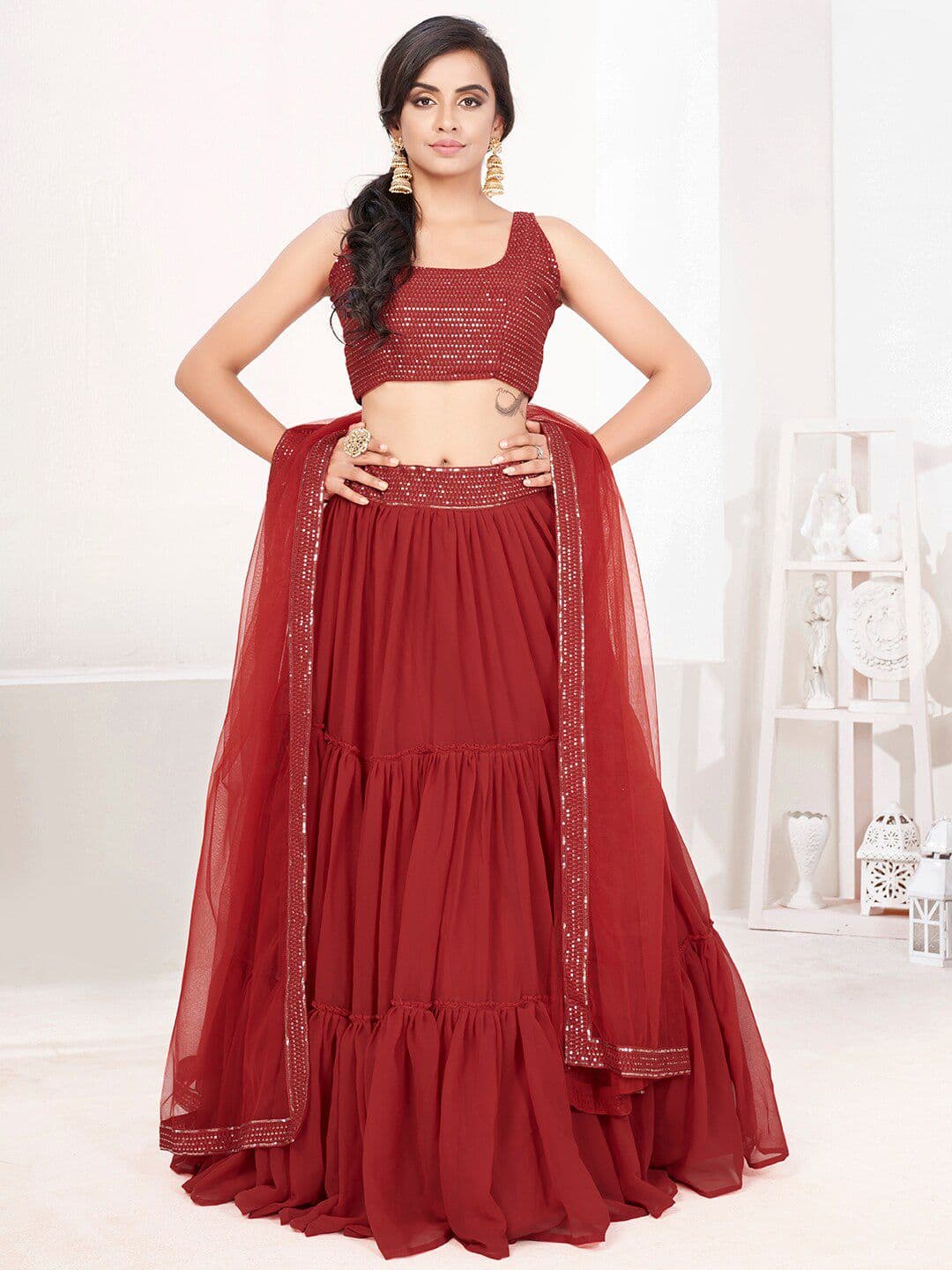 SHOPGARB Embellished Sequinned Semi-Stitched Lehenga & Unstitched Blouse With Dupatta - view 1