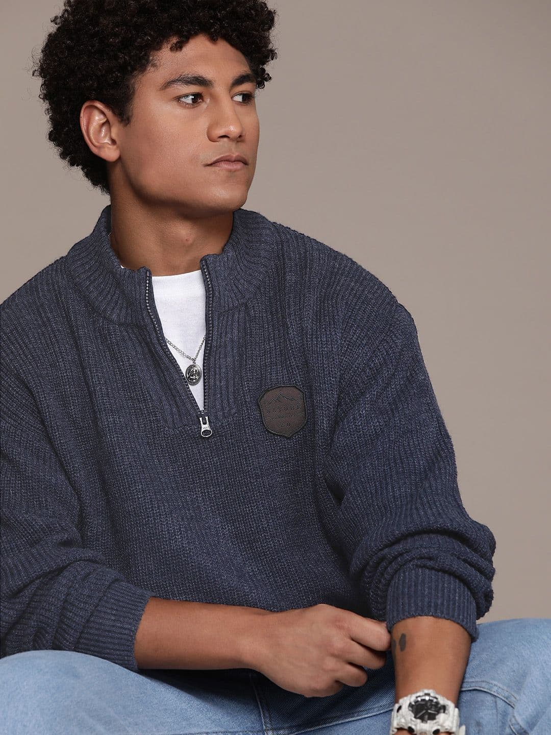 The Roadster Lifestyle Co. Solid Applique Detail Drop-Shoulder Sleeves Acrylic Pullover