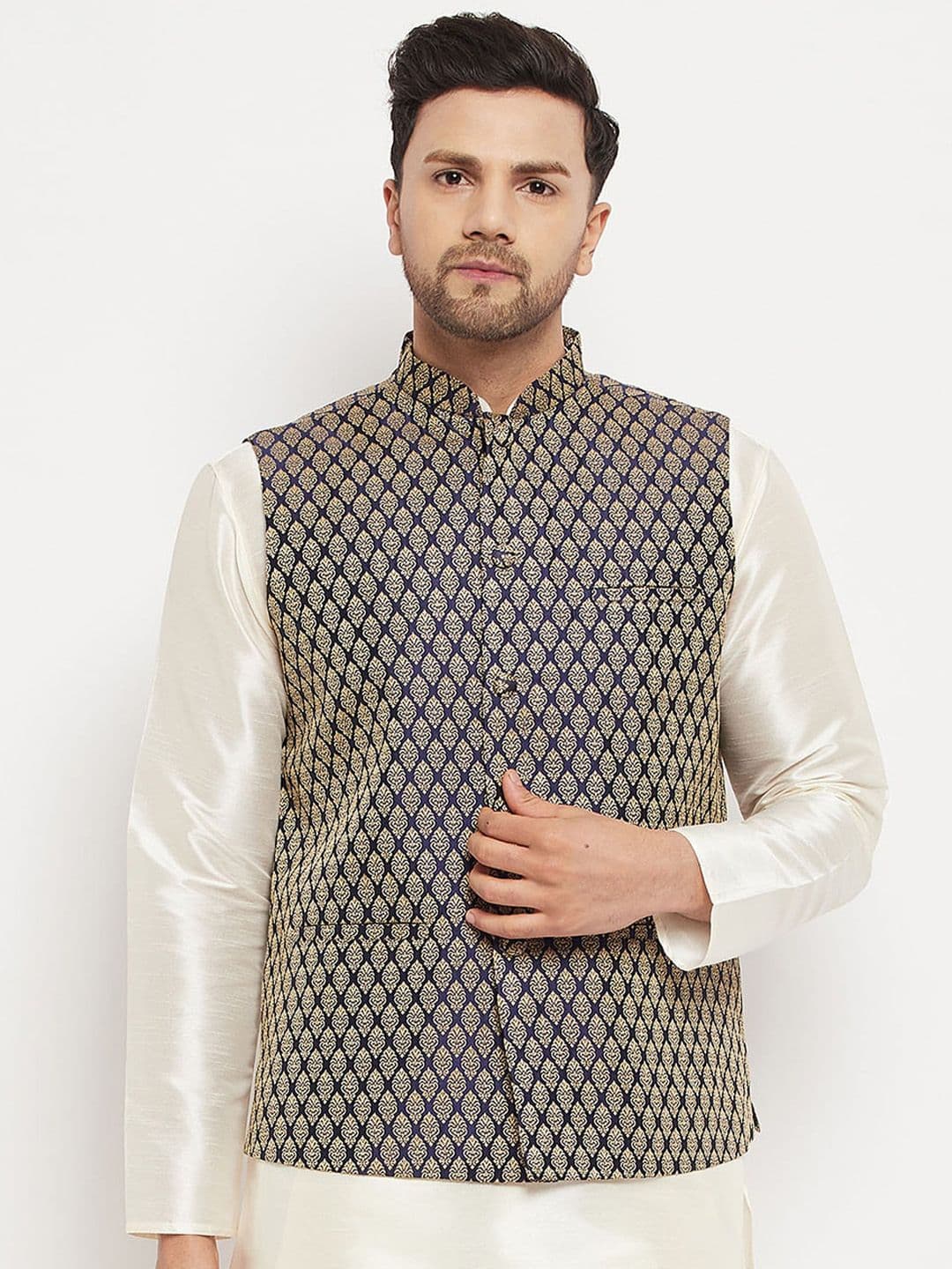 VASTRAMAY Woven Design Mandarin Collar Sleeveless Nehru Jacket - view 1