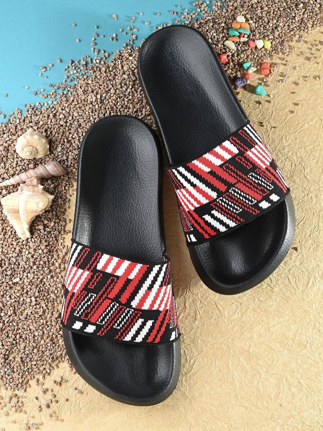 Mast & Harbour Men Red & Black Printed Fabric Comfort Foam Sliders - view 1