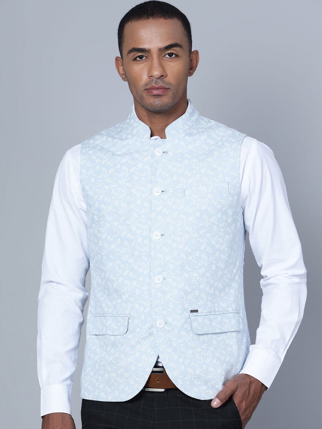 Cantabil Floral Printed Cotton Linen Nehru Jacket - view 1