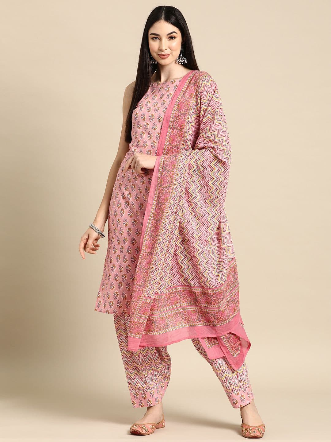 anayna Floral Printed Boat Neck Pure Cotton Kurta With Salwar & Dupatta - view 1