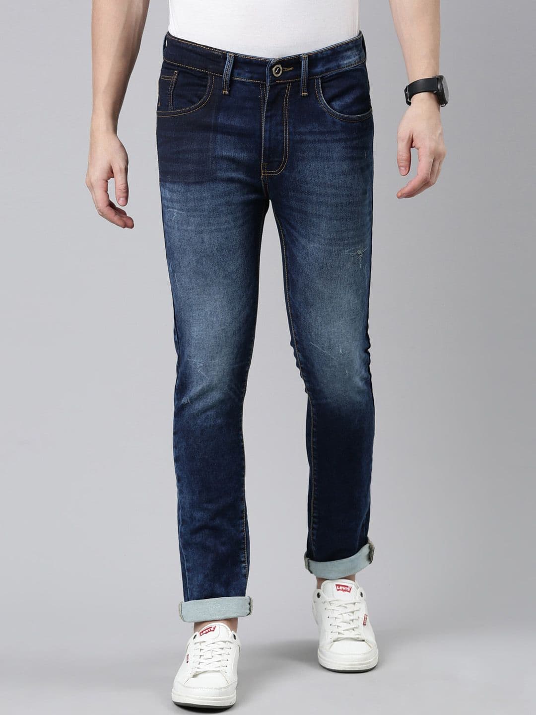 CINOCCI Men Mid Rise Clean Look Heavy Fade Whiskers Cotton Jeans - view 1
