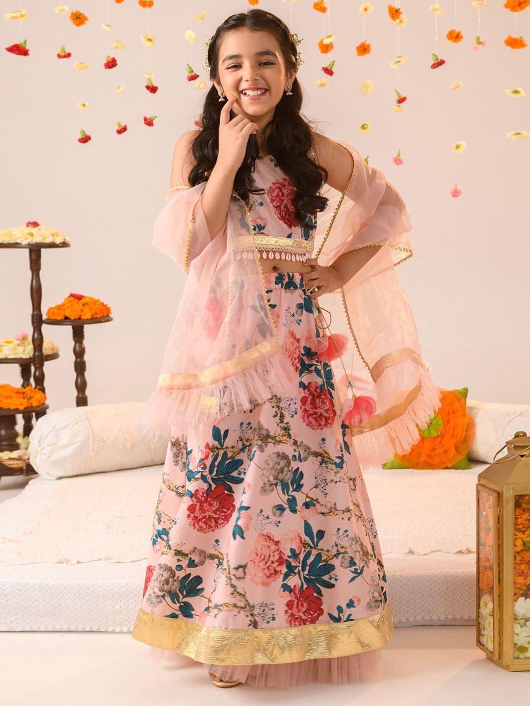 Pspeaches Girls Beige Floral Dupion Panelled Lehenga Choli Dupatta Set - view 1