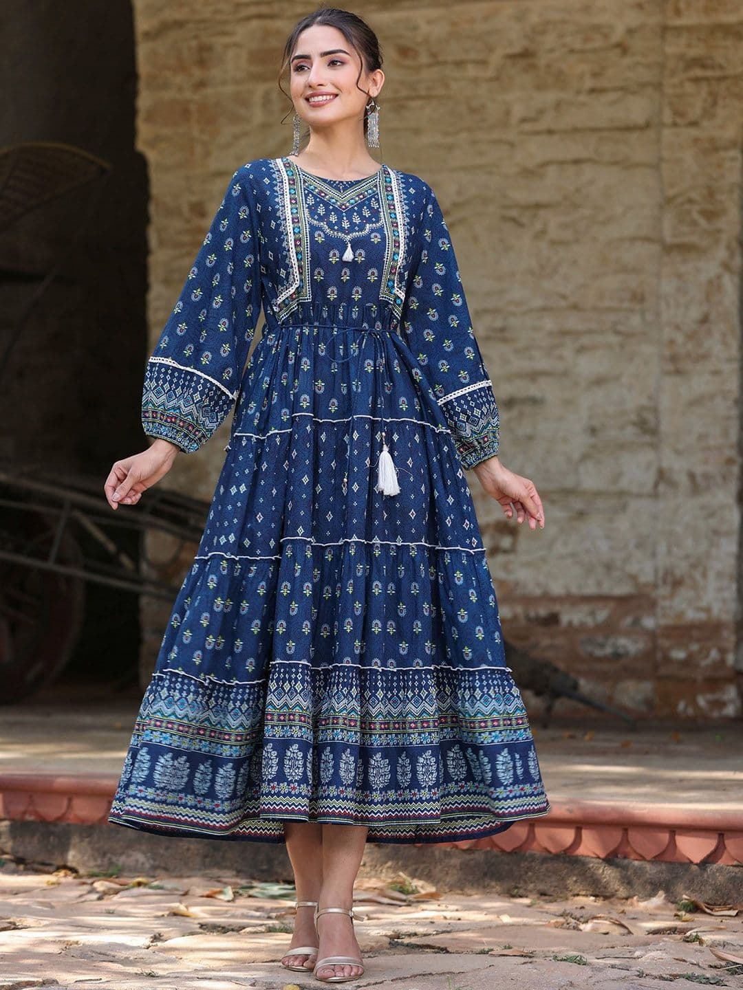 Juniper Ethnic Motifs Printed Cotton Tiered Dress - view 1