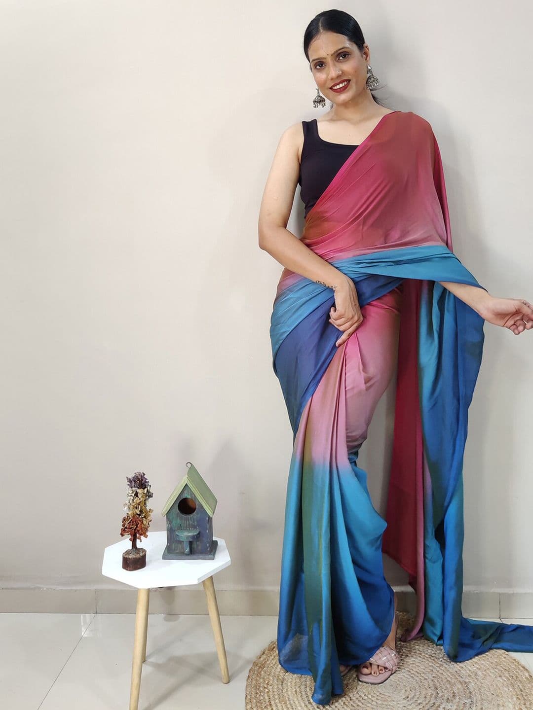 Mitera Pink & Blue Ombre Ready To Wear Saree - view 1
