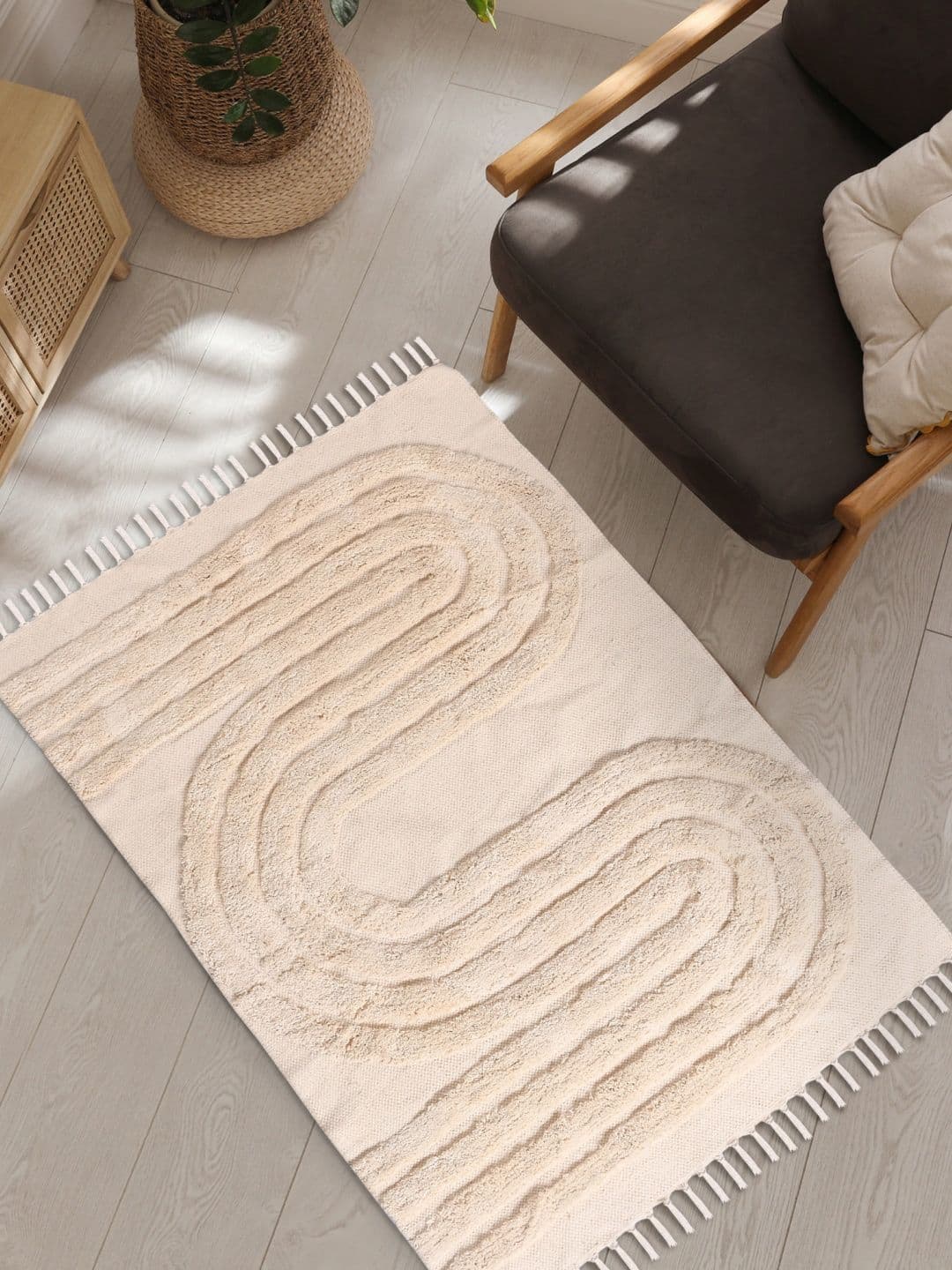 URBAN SPACE Beige Tufted Pure Cotton Anti-Skid Rectangular Carpet - view 1