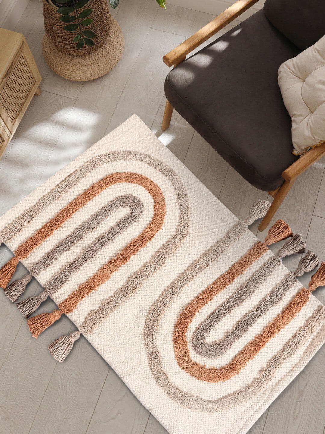 URBAN SPACE Beige & Brown Tufted Pure Cotton Anti-Skid Rectangular Carpet - view 1