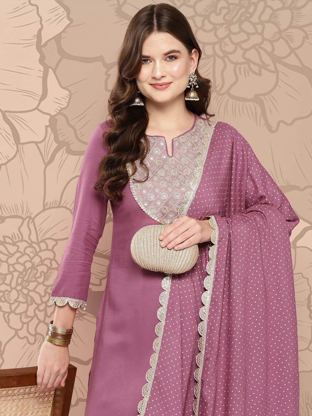 Khushal K Women Floral Embroidered Regular Sequinned Kurta with Palazzos & With Dupatta - view 1