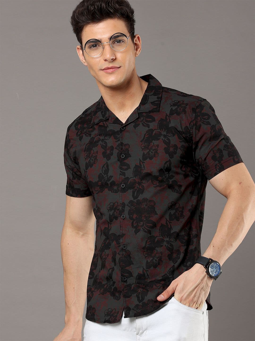 Moda Rapido Black Floral Printed Cuban Collar Slim Fit Cotton Casual Shirt - view 1