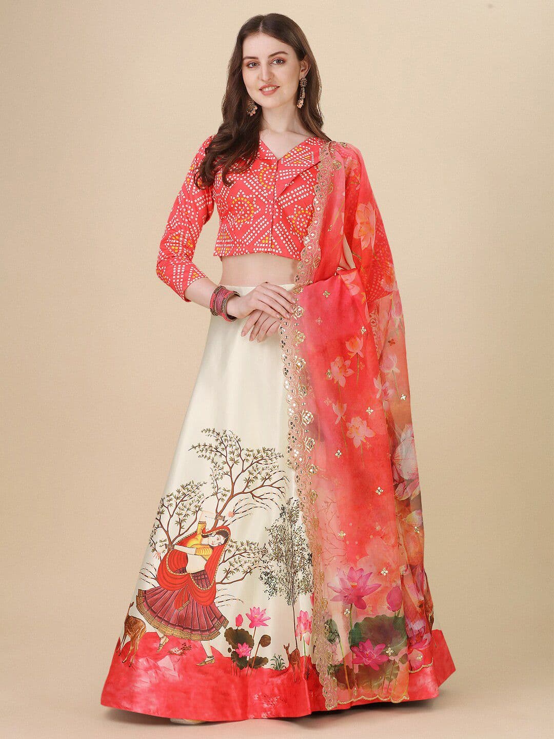 Kaizen TEXO FAB Bandhini Printed Semi-Stitched Lehenga & Blouse With Dupatta - view 1