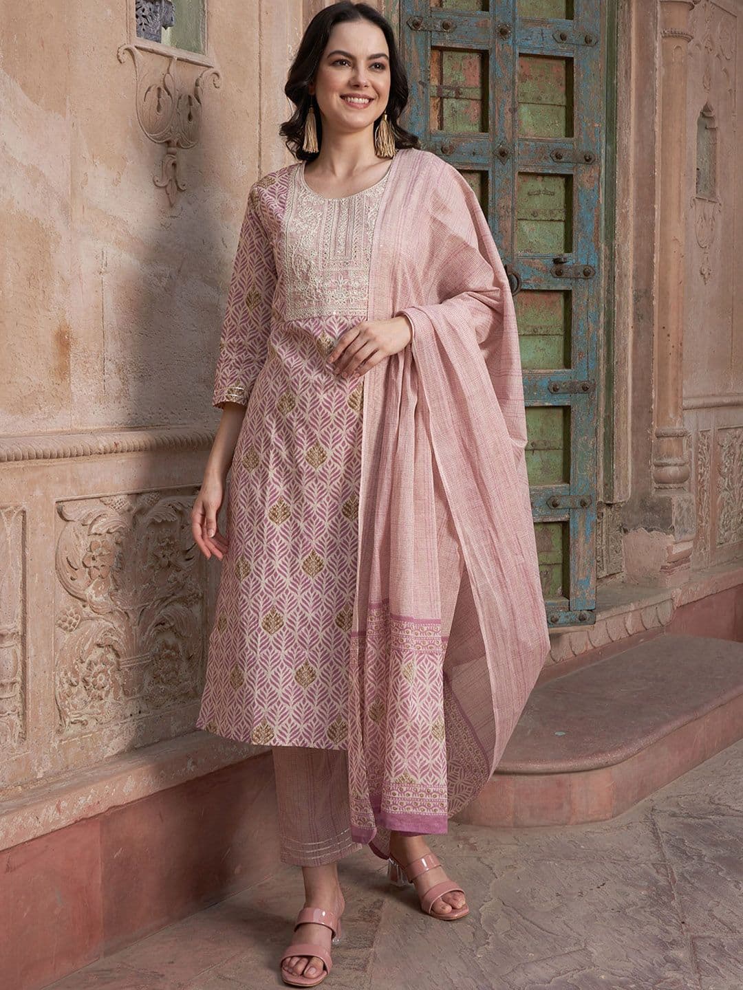 Sangria Mauve coloured Floral Printed Pure Cotton Kurta with Churidar & With Dupatta - view 1