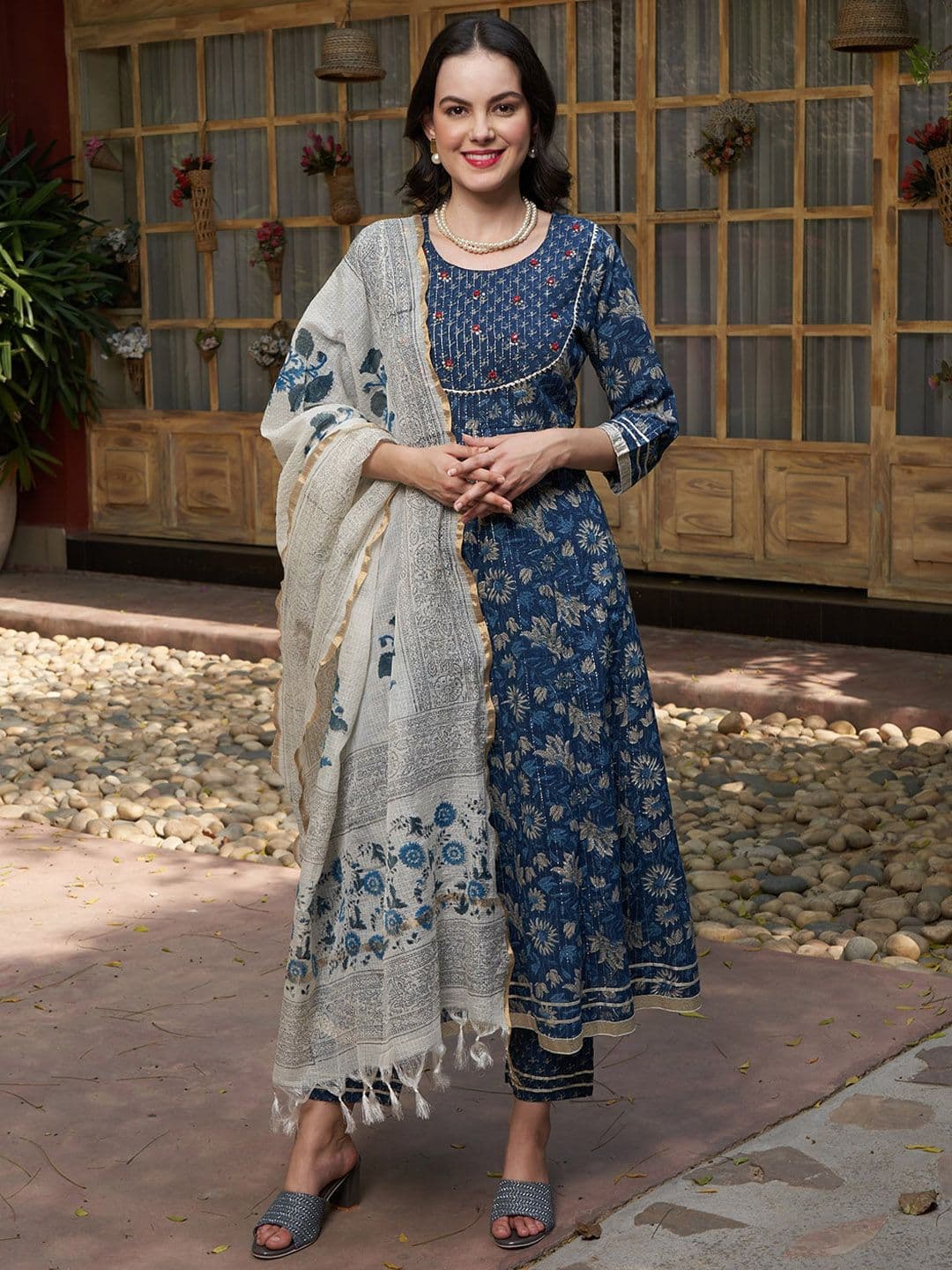 Sangria Blue Printed Gotta Patti Pure Cotton Empire A-Line Kurta with Trousers & Dupatta - view 1