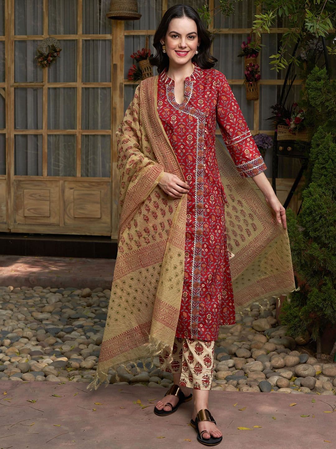 Sangria Maroon Floral Printed Angrakha Pure Cotton Kurta with Trousers & Dupatta - view 1