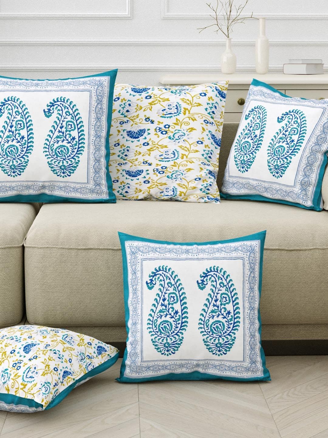 Sangria Blue & White 5 Pieces Printed Pure Cotton Cushion Covers - view 1