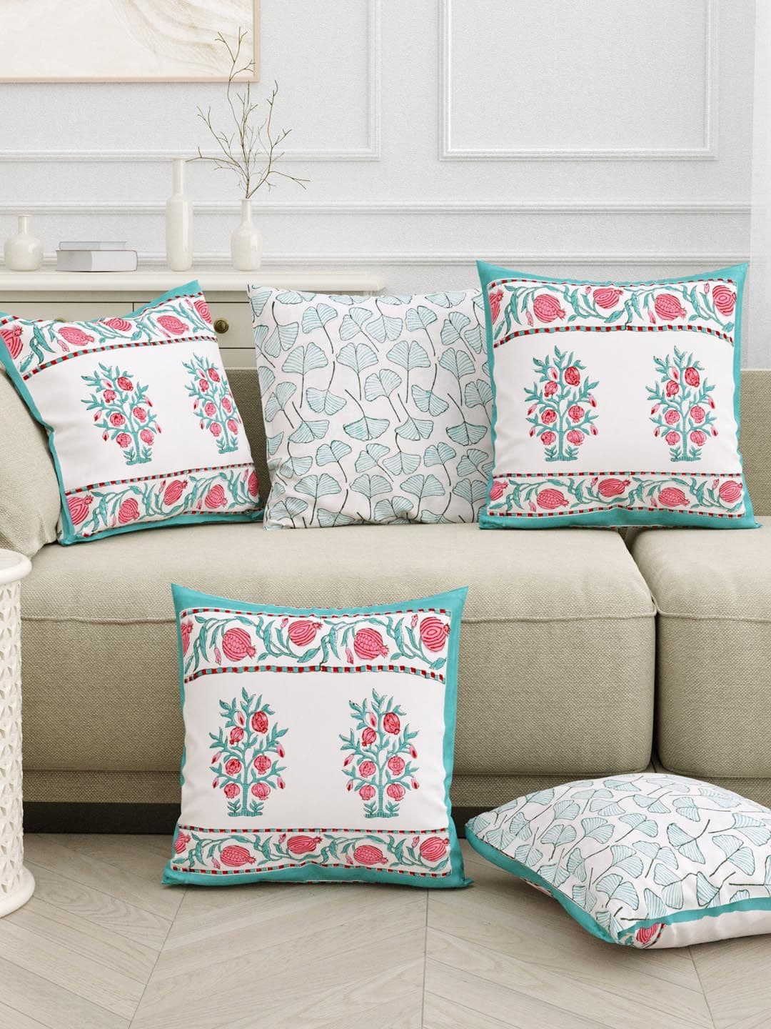 Sangria Green Ethnic Motifs Cotton Breathable 5 Piece Square Cushion Covers -16x16In - view 1