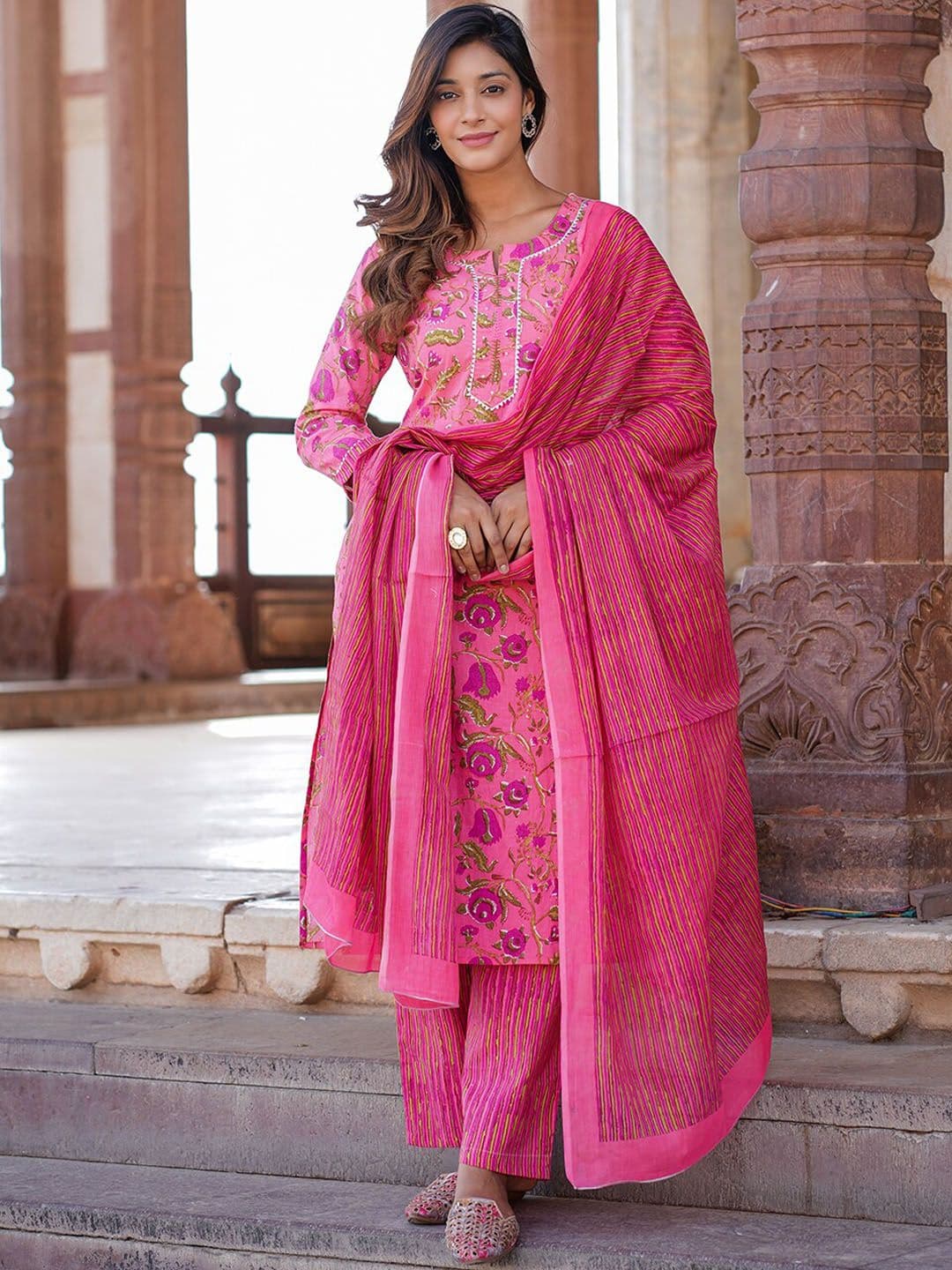 KALINI Floral Printed Pure Cotton Kurta with Trousers & With Dupatta - view 1