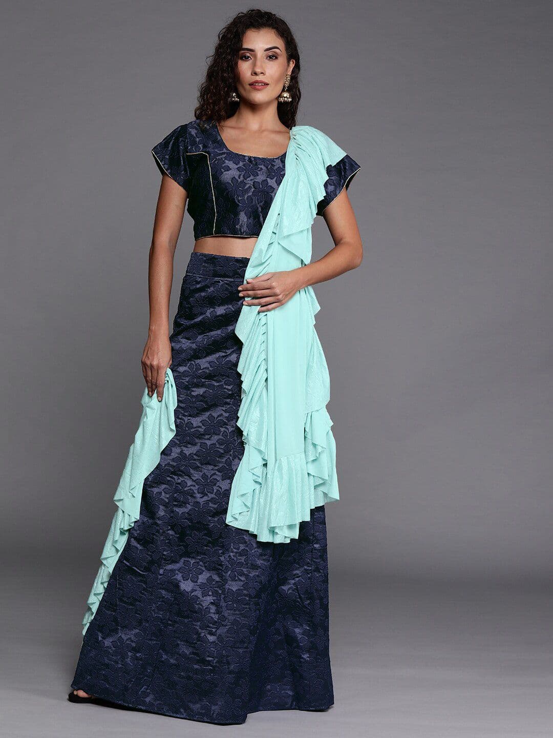 Sangria Navy Blue Self Design Silk Lehenga Choli - view 1