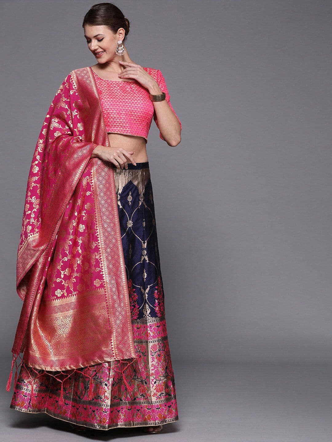 Sangria Navy Blue Woven Design Banarasi Silk Semi-Stitched Lehenga Choli - view 1