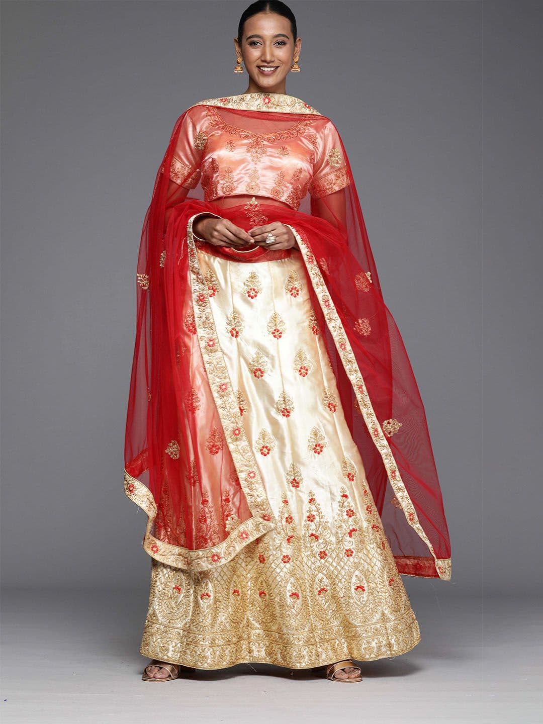 Sangria Cream-Coloured Embroidered Semi-Stitched Lehenga Choli - view 1