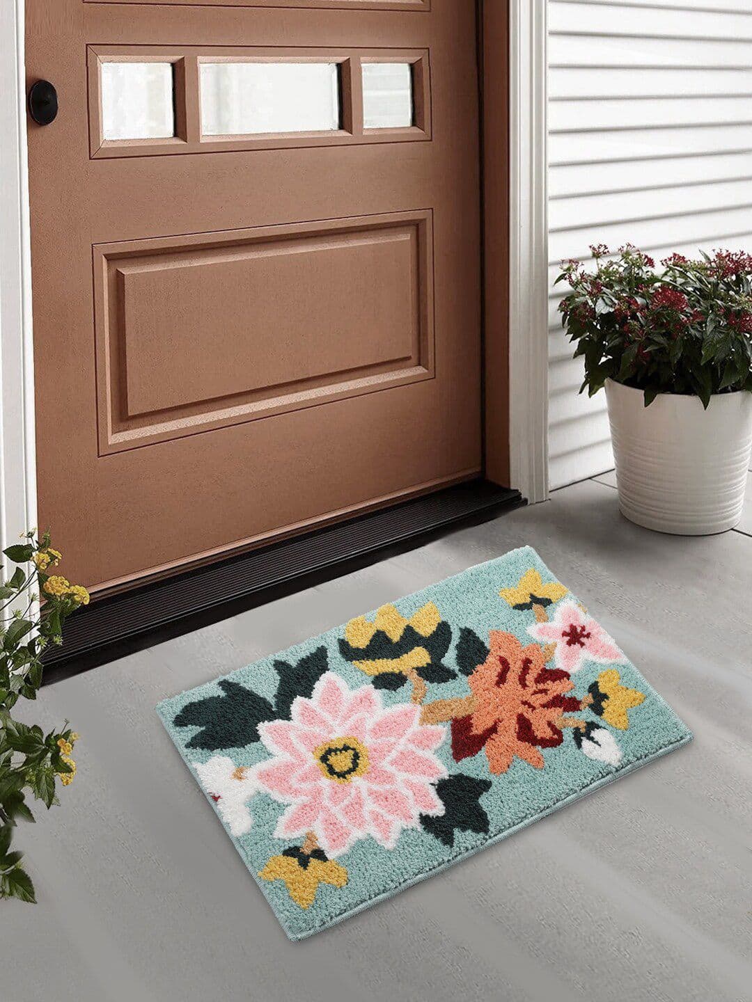 FABINALIV Turquoise Blue Floral Anti-Skid Door Mat - view 1