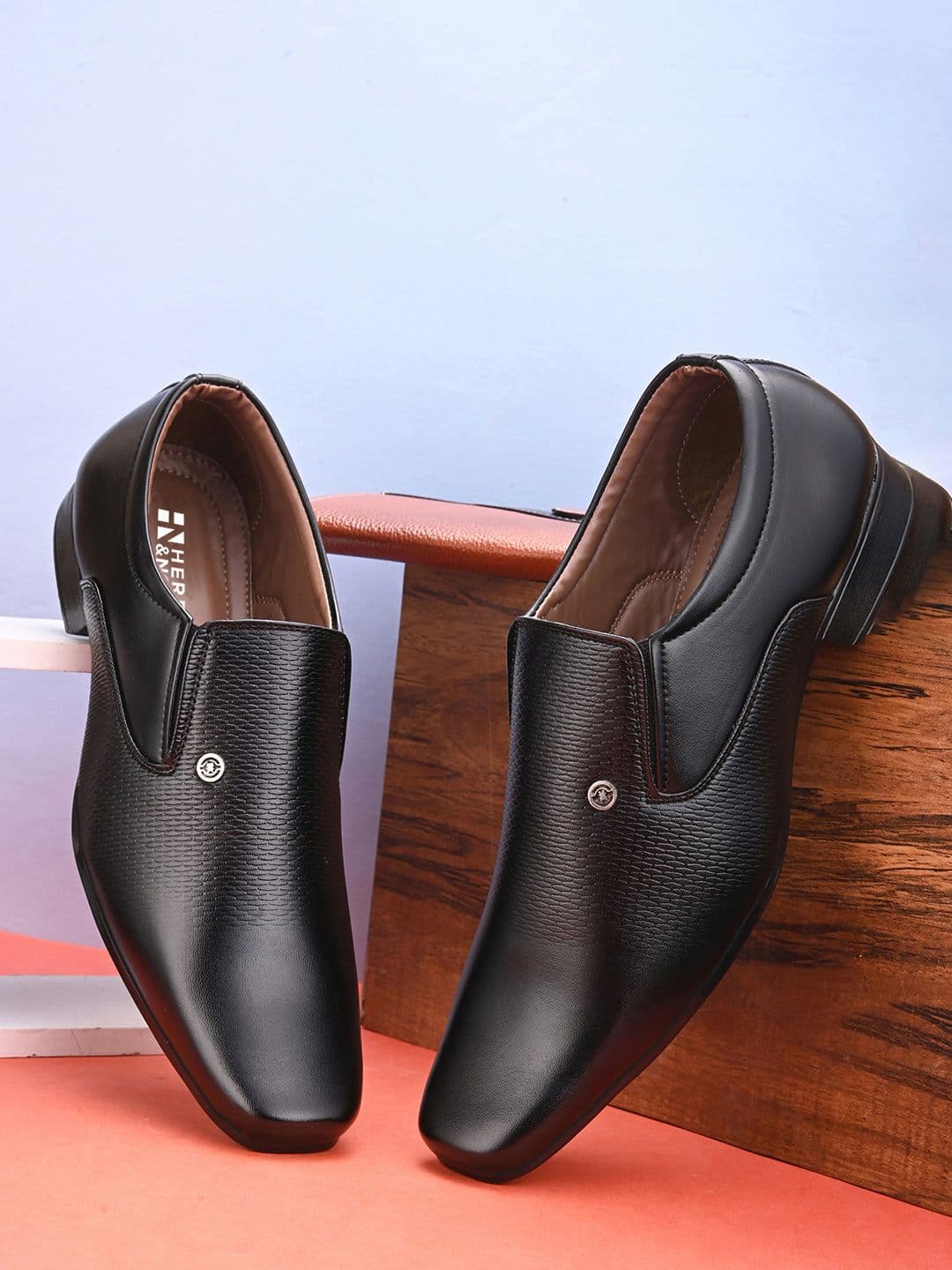 HERE&NOW Men Black Textured Formal Slip-On Shoes - view 1