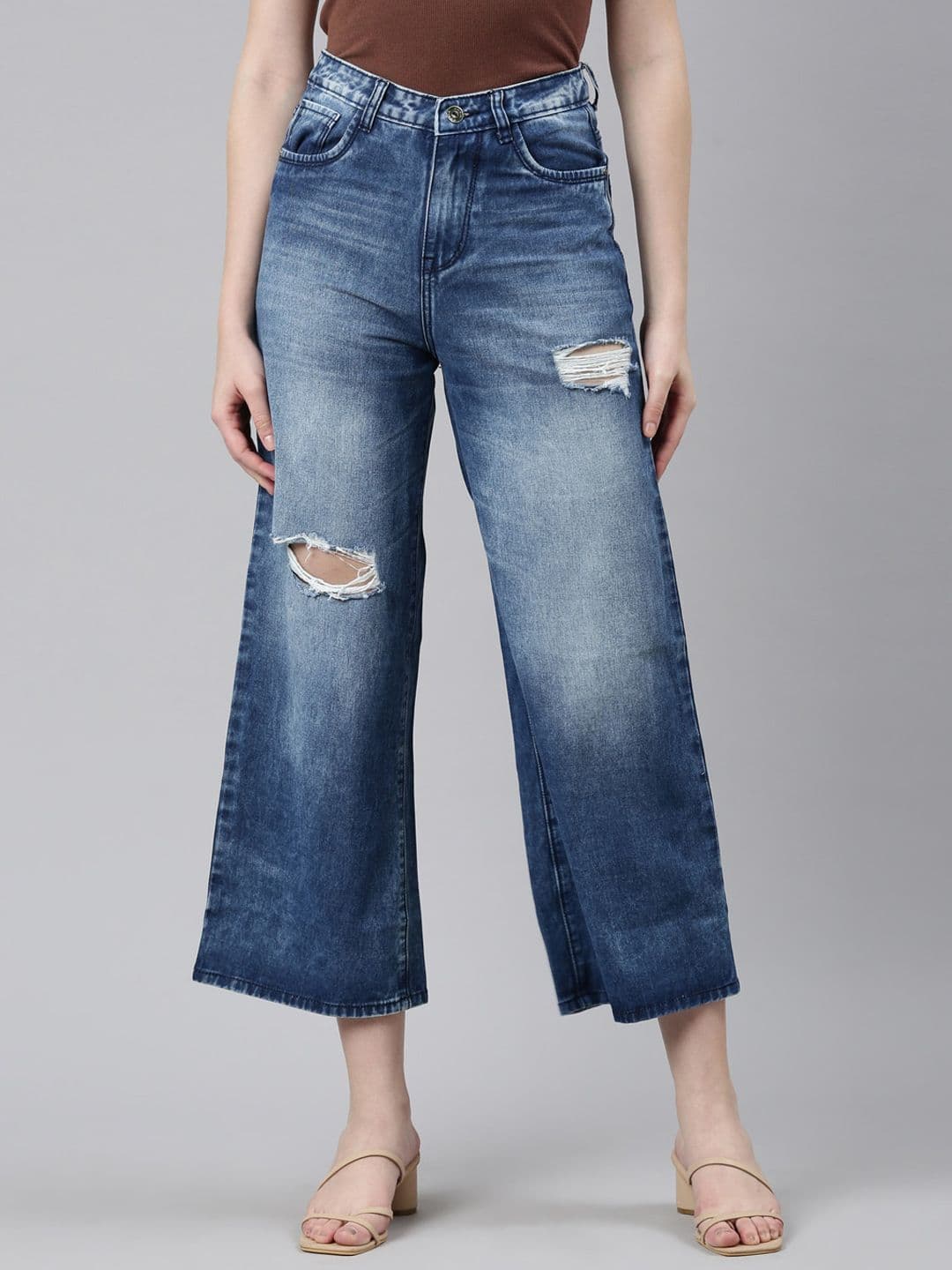 ZHEIA Women Wide Leg High-Rise Mildly Distressed Heavy Fade Stretchable Jeans - view 1