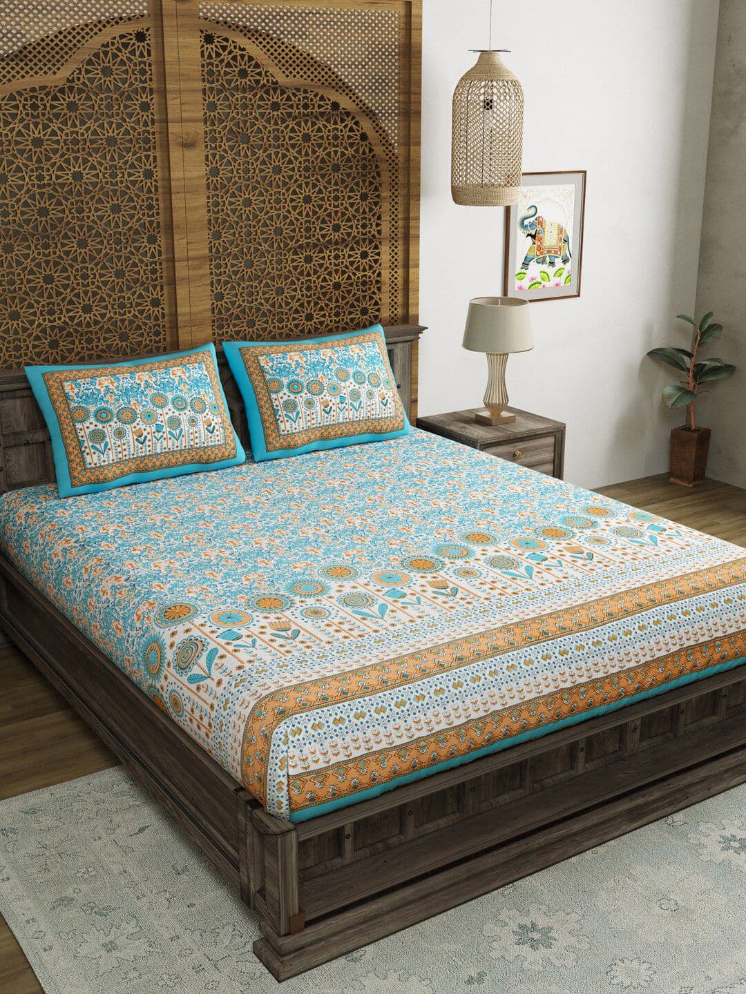 Sangria Blue Floral Cotton 210 TC Fitted King Fine Bedsheet with 2 Pillow Covers-78 x 72 inches - view 1