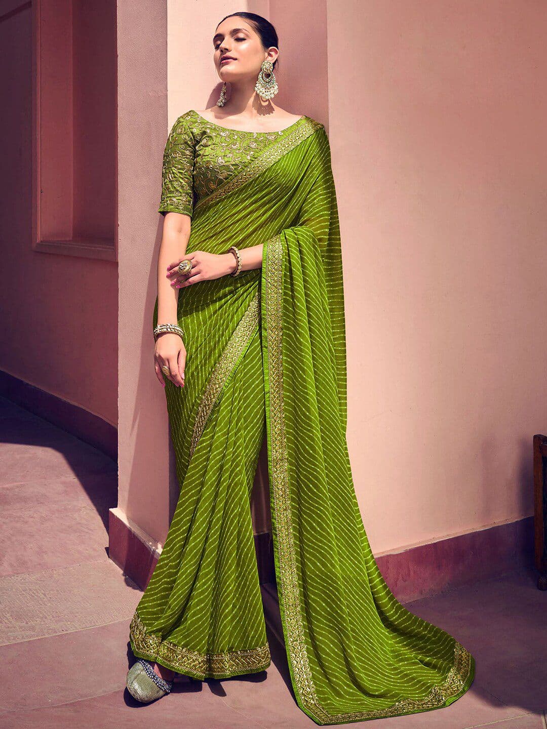 Mitera Green & White Leheriya Printed Embroidered Pure Georgette Leheriya Saree - view 1