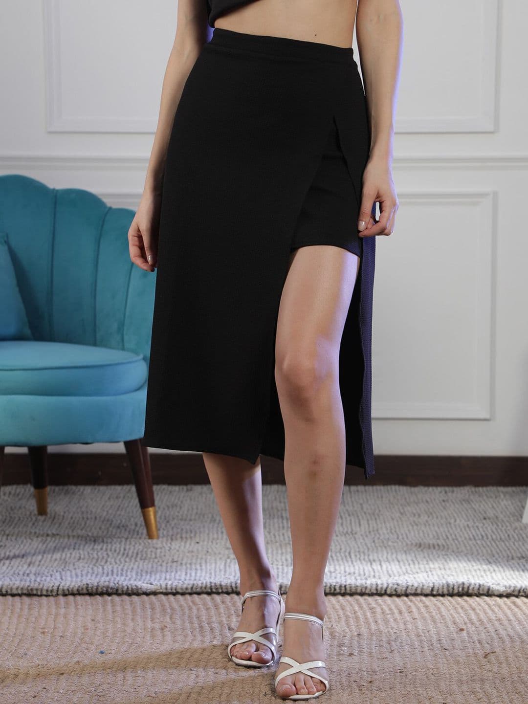 NEUDIS Women Black Polyester Lycra Side Slit Pencil Skirt - view 1