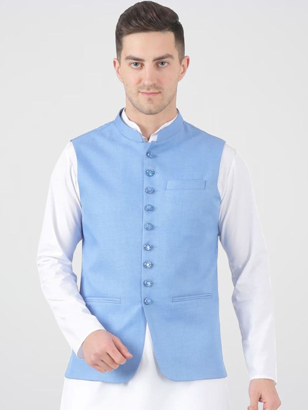 TAHVO Mandarin Collar Satin Nehru Jacket - view 1