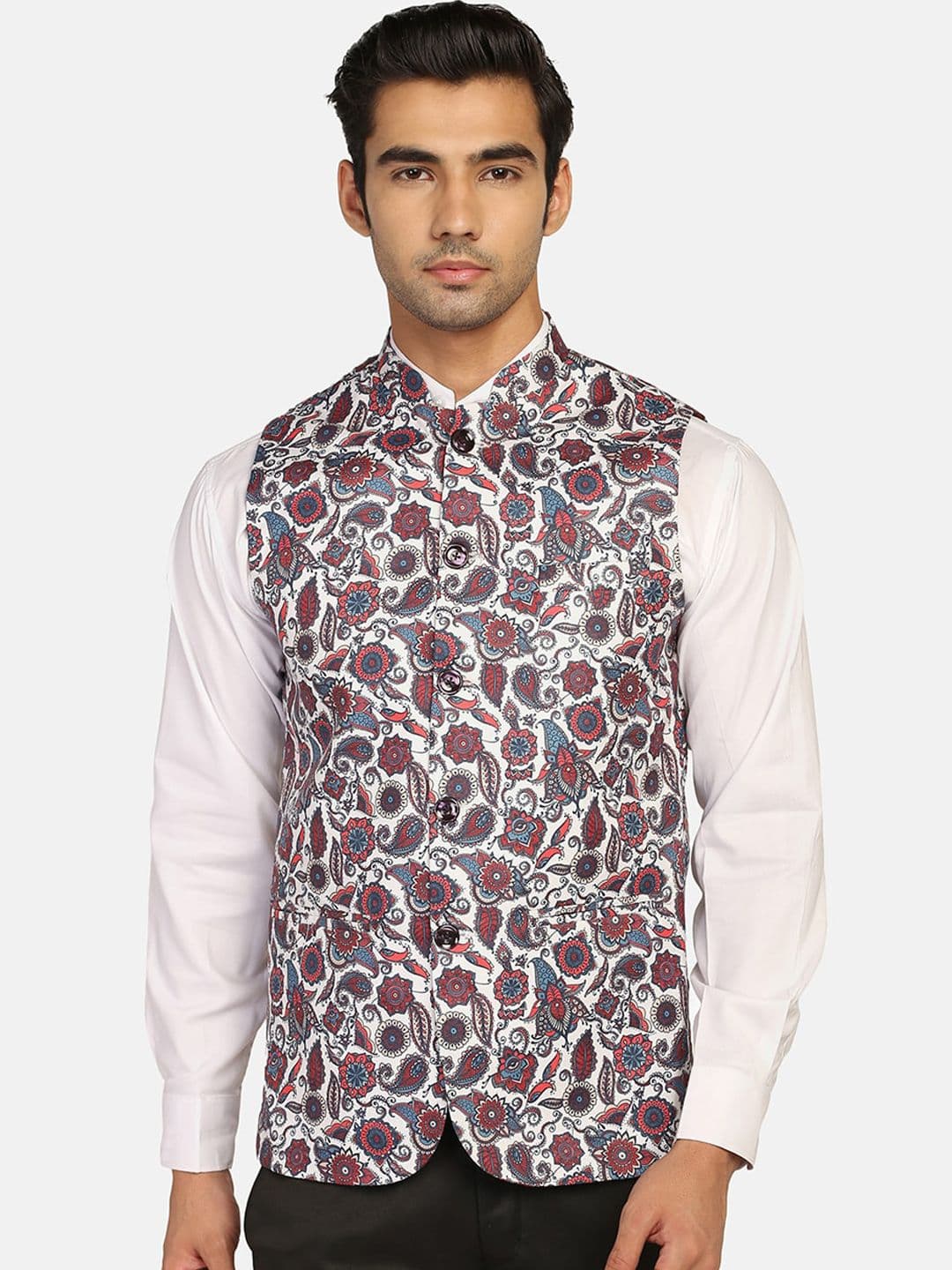 TAHVO Printed Mandarin Mollar Satin Nehru Jackets - view 1