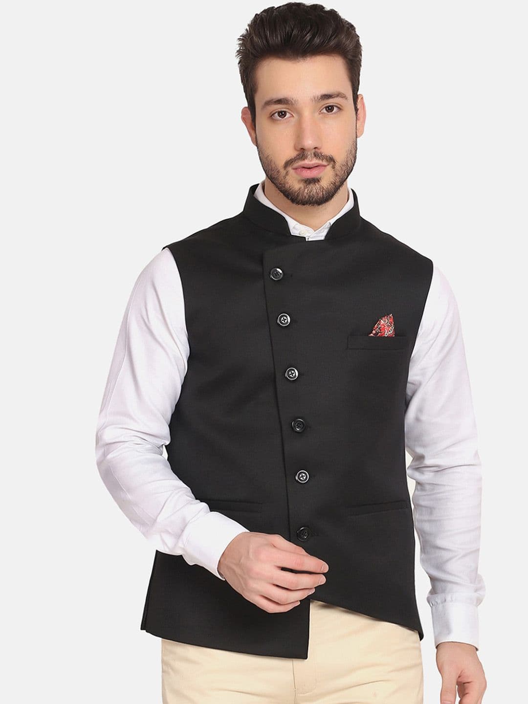 TAHVO Mandarin Collar Satin Nehru Jacket - view 1