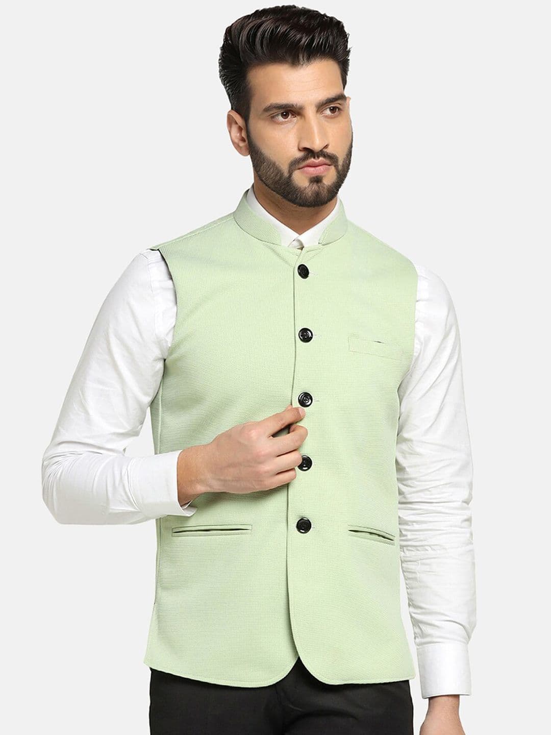TAHVO Mandarin Collar Satin Nehru Jacket - view 1