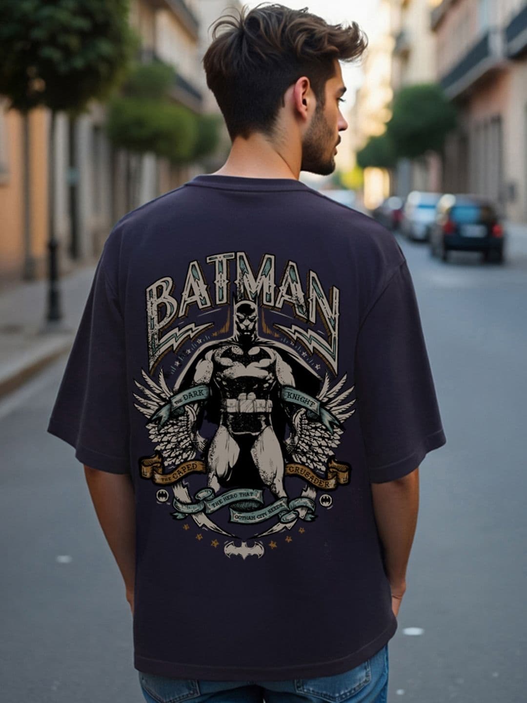 Bewakoof Navy Blue Batman Printed Drop Shoulder Sleeves Pure Cotton Oversized T-shirt - view 1
